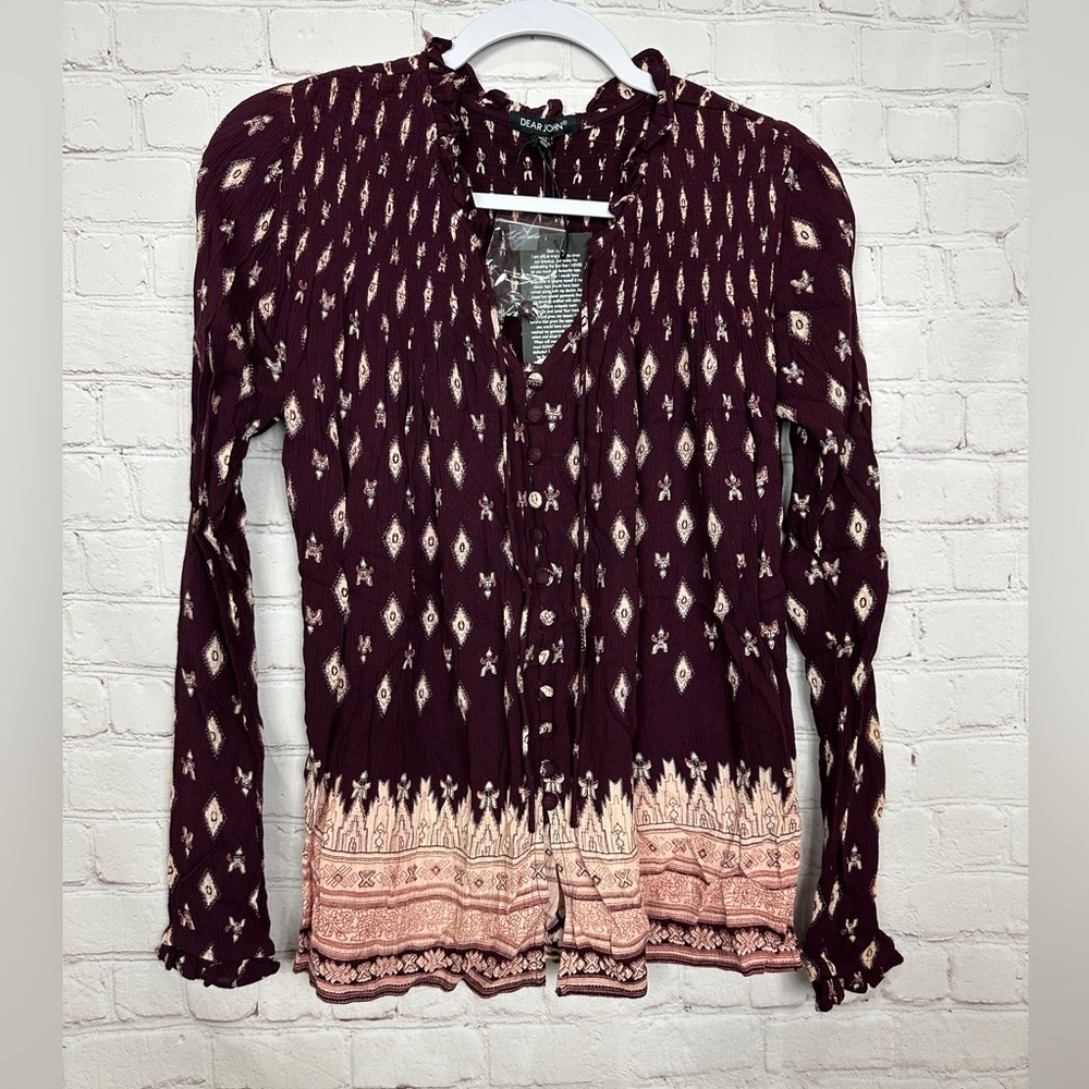 Dear John Cecily‎ Boho Paisley long sleeve ruched crinkled popover shirt XS NWT